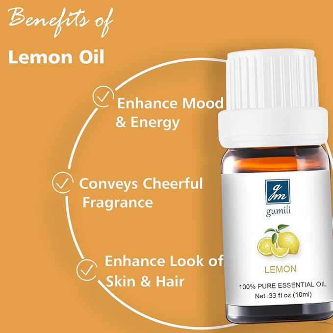 Lemon Essential Oil - Pure Organic Lemon Oil for Diffuser, Spray, Skin & Hair Care, Massage, DIY Candles & Soap - 10mL