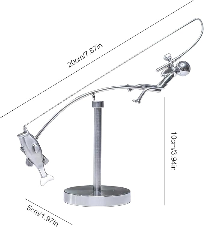 Kinetic Fishing Sculpture, Balance Art for Your Space, Metal Fishing Statue Home Office Desktop Ornament for Home Office Art Deco-B