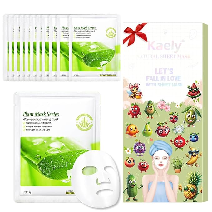 Kaely 12 Pack Aloe Vera Face Masks for Kids, Kids Face Mask Spa Day Kit Supplies, Spa Party Favors for Teens Girls Women, Sheet Facial Mask Skincare Gifts Set, Hydrating for All Skin Types, 06