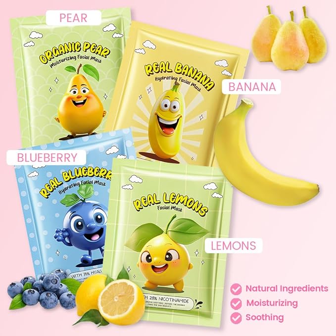 evpct 8 Pack Fruit Kids Face Masks for Kids Girls Spa, Girls Kids Facial Spa Day Slumber Sleepover Birthday Party Favors Supplies Kit for Girl, Kid Friendly Facial Face Masks Bulk Skincare for Kid, 02