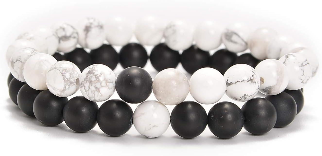 AD Beads 2Pcs His & Hers Distance Beads Bracelets Elastic Natural Stone Yoga Bracelet