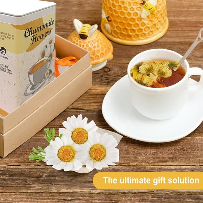 4.23oz Premium Dried Chamomile Flowers – Natural Whole Loose Chamomile for Tea, Baking, Crafts & Gifts, No Additives, Airtight Tin for Gifting (120g)