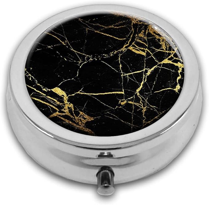 Gold Texture On Black Marble Background Pill Box Purse Pocket Small Round Silver Pill Case Decorative Box Metal Medicine Vitamin Pill Organizer Portable Unique Gift