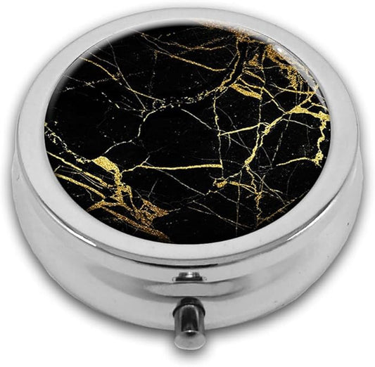 Gold Texture On Black Marble Background Pill Box Purse Pocket Small Round Silver Pill Case Decorative Box Metal Medicine Vitamin Pill Organizer Portable Unique Gift