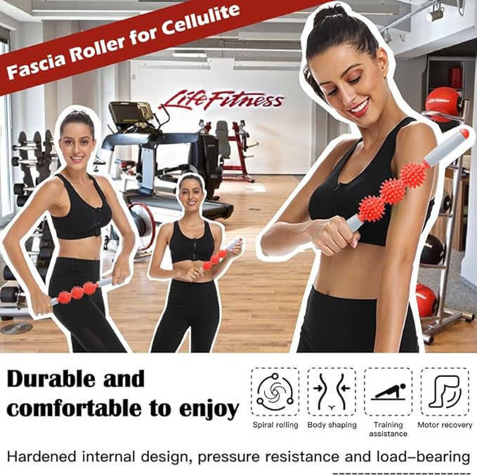 Fascia Muscle Roller, Cellulite Massager Fascia Roller for Cellulite and Sore Muscles, Neck, Leg, Back, Pressure Trigger Point Body Roller Deep Tissue Massage Stick Tools - 3 Massage Balls | Red