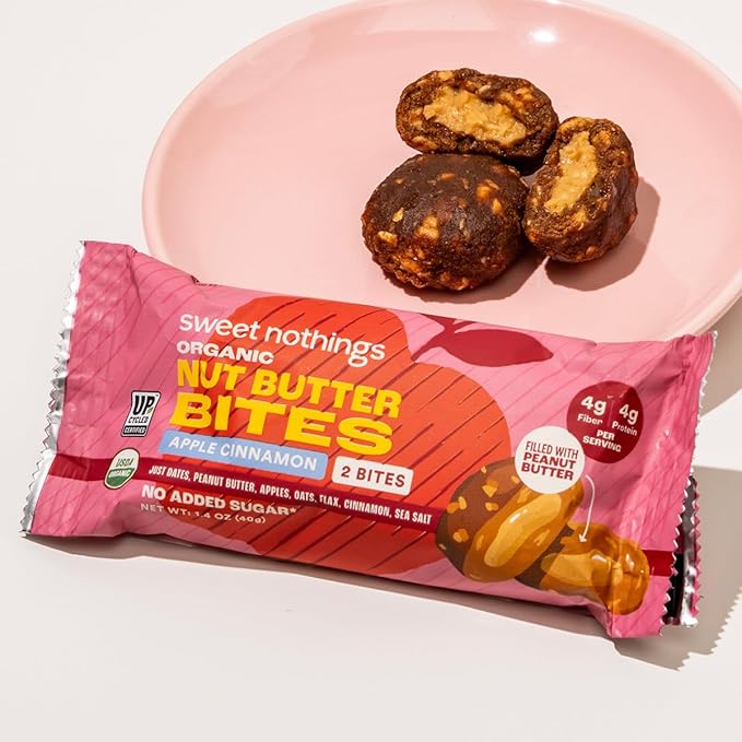 Sweet Nothings, Apple Cinnamon, USDA Organic Nut Butter Bites Protein Bar, Nut & Date Snack, Filled with Peanut Butter, 12-2 Bite Value Packs - No Added Sugar, Plant Based, Vegan, Only 7 Ingredients