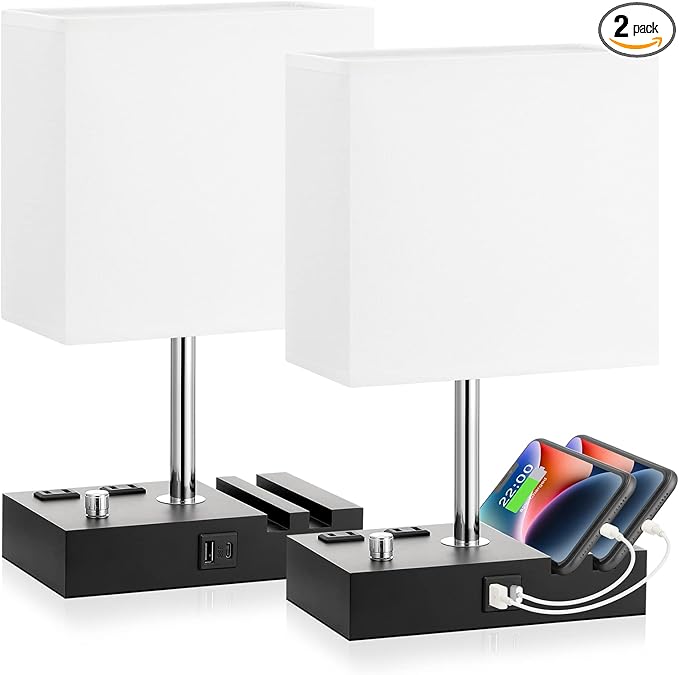 Fully Dimmable Bedside Lamps for Bedroom with USB C Ports, Kakanuo White USB Table Lamp Set of 2, Wooden Desk Lamp with 2 Charging Outlets and Phone Stand for Nightstand and Living Room, Bulb Included