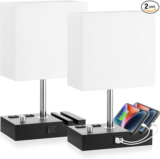 Fully Dimmable Bedside Lamps for Bedroom with USB C Ports, Kakanuo White USB Table Lamp Set of 2, Wooden Desk Lamp with 2 Charging Outlets and Phone Stand for Nightstand and Living Room, Bulb Included