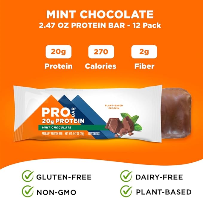 PROBAR - PROTEIN Bar, Mint Chocolate, Non-GMO, Gluten-Free, Healthy, Plant-Based, Whole-Food Ingredients, Natural Energy (12 Count)