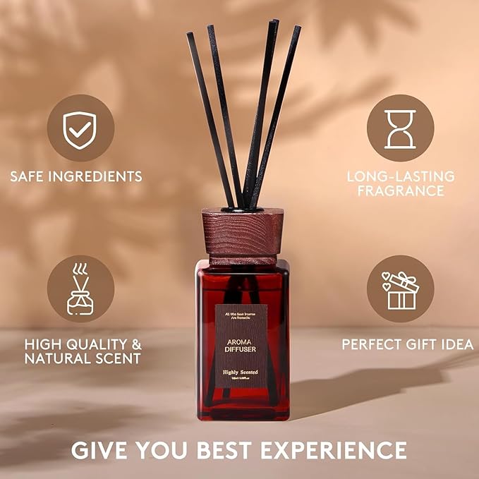 Reed Diffuser Set, 5.2 fl oz Sandalwood Reed Diffuser with Sticks, Reed Diffusers for Home Bedroom Apartment Bathroom Decor, Scented Diffuser Gift for Home Fragrance
