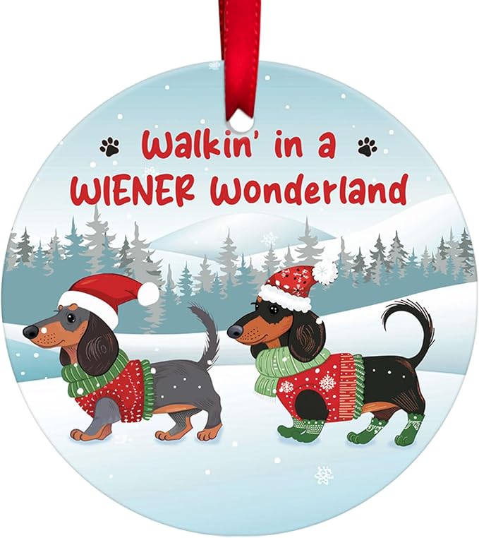 34HD Gifts for Christmas, Santa Dachshund Christmas Ornament Ceramic 2-Side Printed, Dachshund for Men Women, Christmas Hanging Decorations