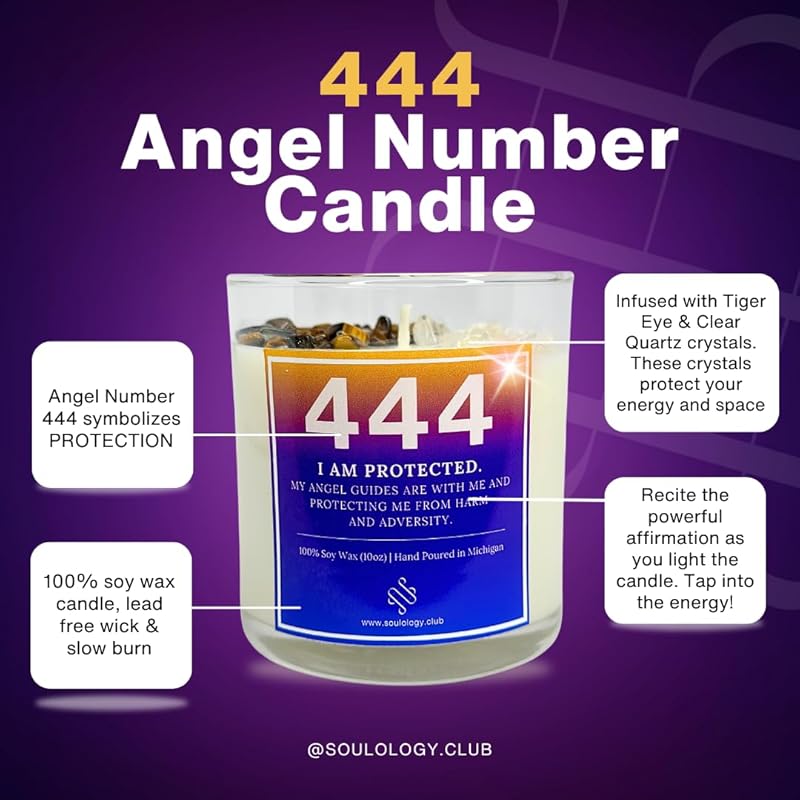 444 Angel Number Candle, 10oz, Crystal candle, 100% Soy Wax & Phthalate-Free Fragrance candles, Gifts candles for women, Angel Number Gift, Protection Candle