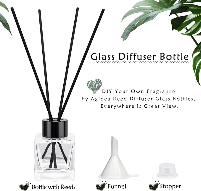 4PCS Refillable Fragrance Glass Diffuser Bottles with 20pcs Reeds Sticks & Black Caps & Funnel, Diffuser Jars for Home Oil Fragrance Decoration Girl Women Gift (50ML)