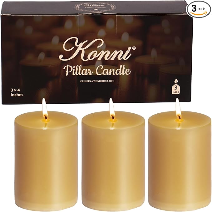 KONNI Mustard Yellow Pillar Candles Set of 3, 3"x 4" Unscented Pillar Candles Bulk, 39 Hours Long Burning Candles, Smokeless&Dripless Large Round Candle for Wedding, Home Decoration, Parties