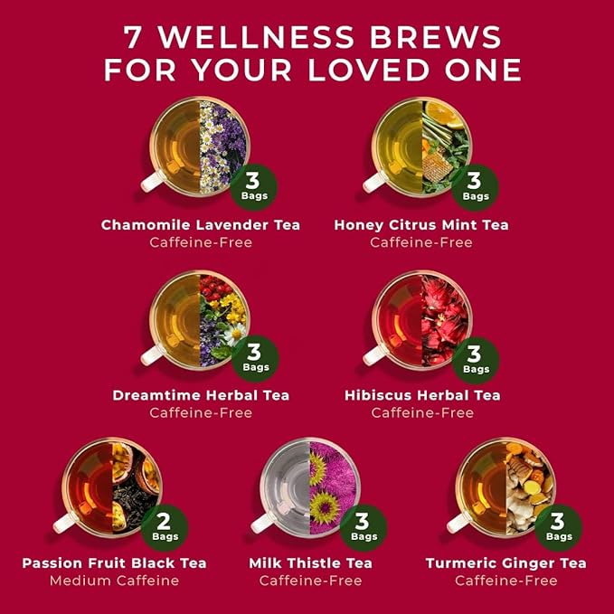 Gya Tea Co Her Wellness Assorted Tea Bags Variety Pack - 20 Bags 7 Seasonal Flavors - Caffeinated & Caffeine Free Holiday Tea Sampler Gift Set Box - Easy Brew, Natural Ingredients, Enjoy Hot or Iced