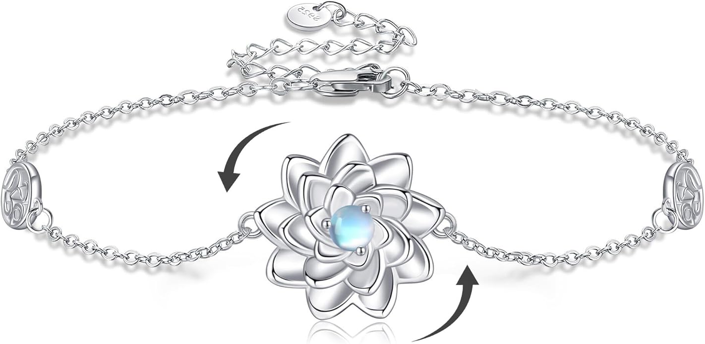 Sterling Silver Lotus Fidget Bracelet Spinning Anxiety Relief Lotus Flower Jewelry Gift for Women
