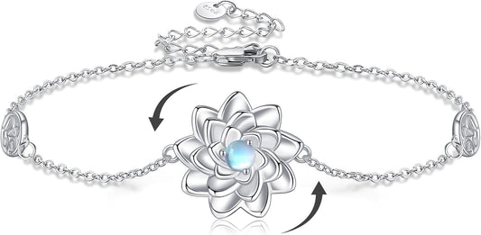 Sterling Silver Lotus Fidget Bracelet Spinning Anxiety Relief Lotus Flower Jewelry Gift for Women
