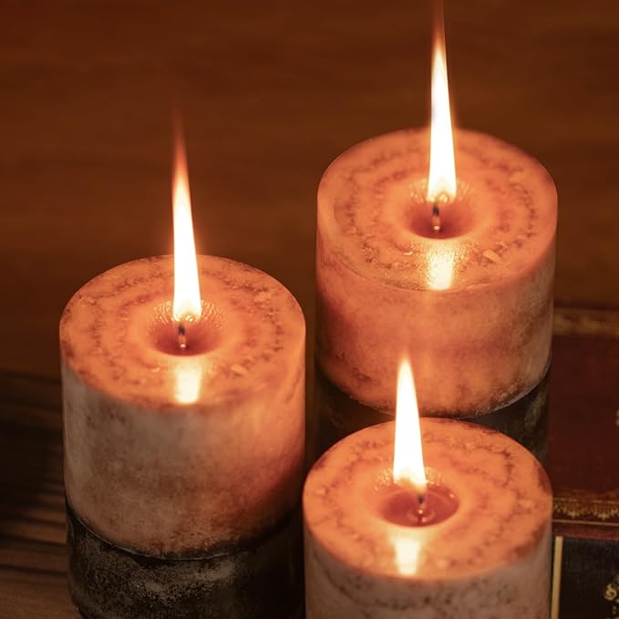 KONNI Coffee Layered Pillar Candles Set of 3, 3"x 4" Unscented Pillar Candles Bulk, 39 Hours Long Burning Candles, Smokeless&Dripless Round Candle for Wedding, Home Decoration, Parties, Spas, Dinner