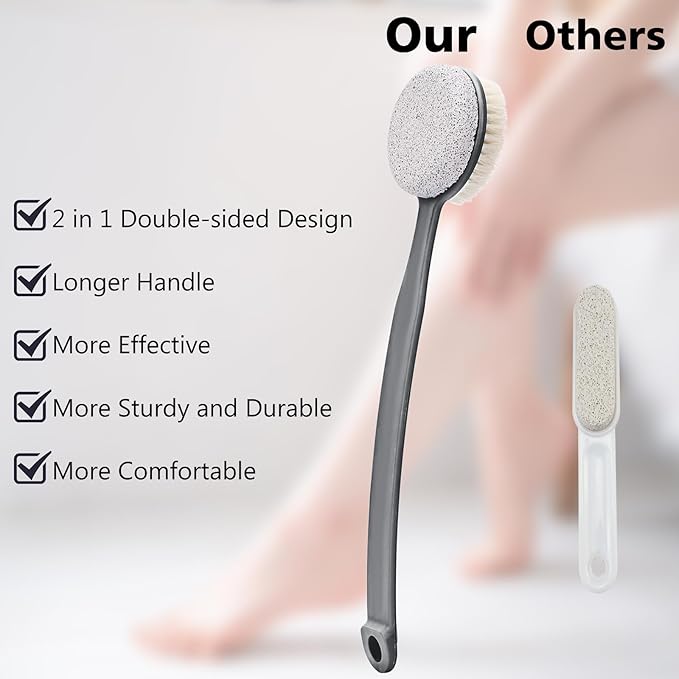 Foot File Callus Remover,Beomeen Pumice Stone for Feet with Long Handle, Hard Skin Callus Remover, 2 in 1 Foot Scrubber, Back Body Brush for Shower Brush Deep Cleansing and Exfoliating (Curved),Grey