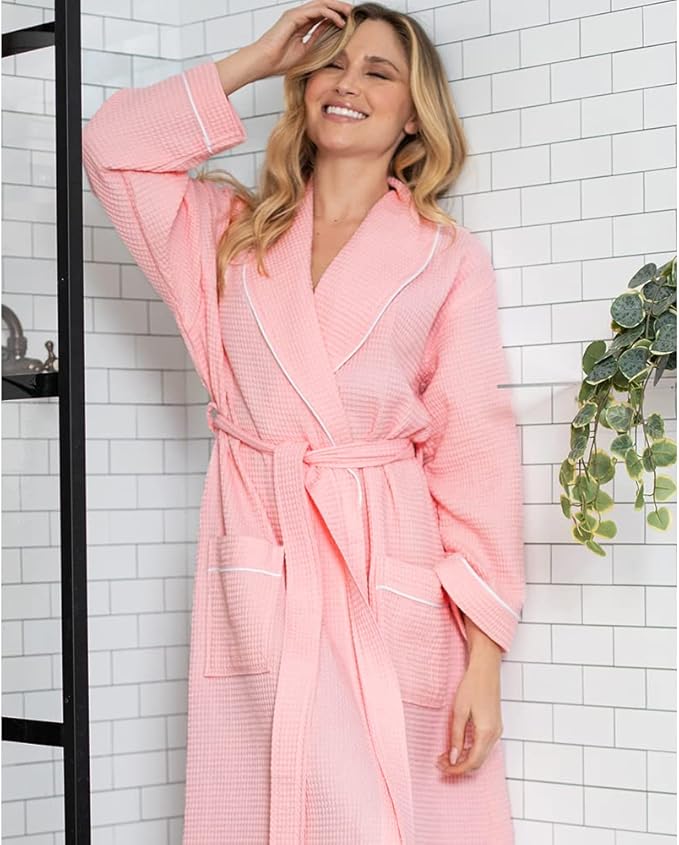 Lotus Linen Waffle Robes for Women - Lightweight Cotton Kimono Bathrobe - Long Soft Spa Bath Robe