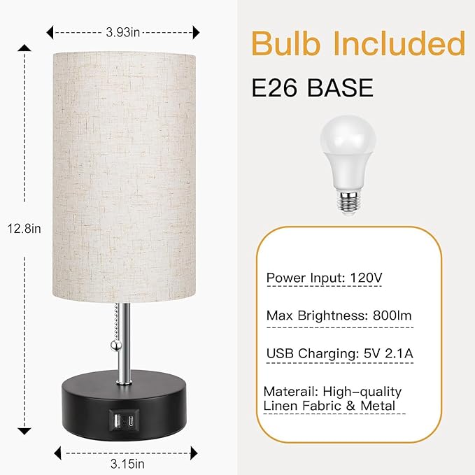 3-Color Temperature Bedside Lamp Nightstand Lamp with USB A Port and C Port, Table Lamp for Bedroom with LED Bulb Small Lamps for Living Room (Otmeal)