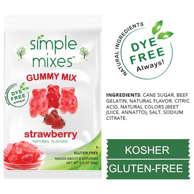 Simple Mixes Natural Gummy Mix, Healthy Snack, Dye-Free, No Gluten or Fat, Kosher, (3 Pack, Strawberry)