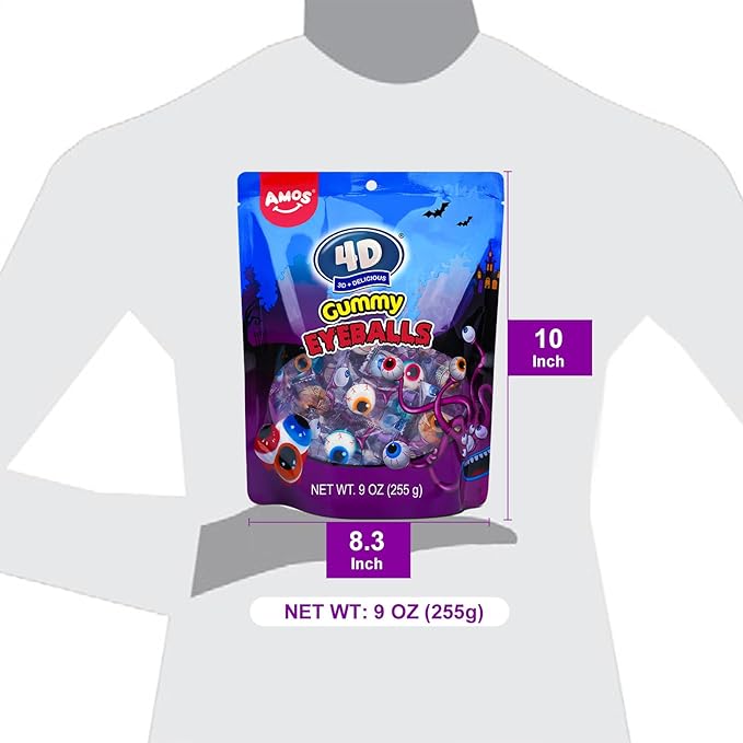 Amos Eyeball Gummy Candy – Halloween Gummy Eye Candy Treats for Kids & Parties, 3D Gummy Eyeballs, Individually Wrapped, 40 Count, 9oz Bag