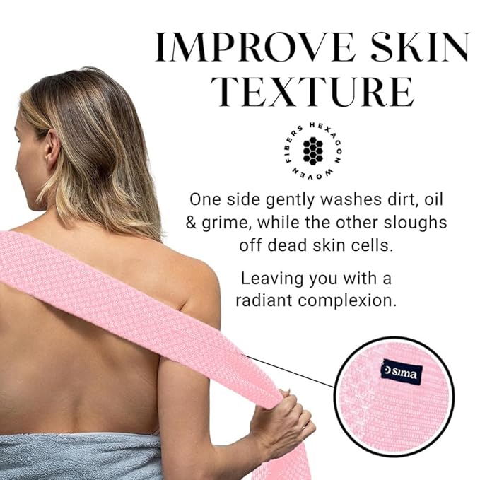 Exfoliating Washcloth Face & Body Scrub Towel - Japanese Exfoliating Towel with Hexagon Fibers, Body Scrubber with 2 Sides for Scrubbing & Washing, Extra Long Body Towel (Pink)
