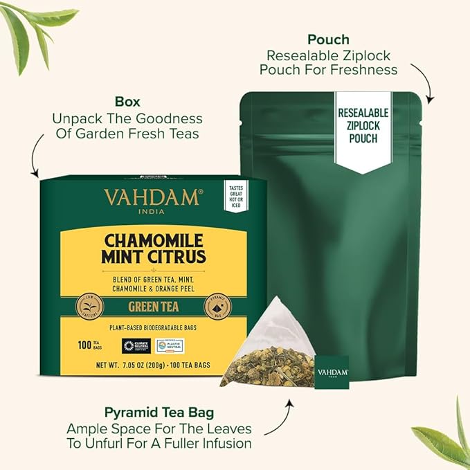 VAHDAM, Chamomile Mint Citrus Green Tea Bags (100 Count) Low Caffeine, Non GMO, Gluten Free | Sweet & Floral | Resealable Ziplock Pouch | Chamomile Tea Bags