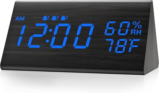 Digital Alarm Clock, with Wooden Electronic LED Time Display, 3 Alarm Settings, Humidity & Temperature Detect, Wood Made Electric Clocks for Bedroom, Bedside (Black - Blue Led)