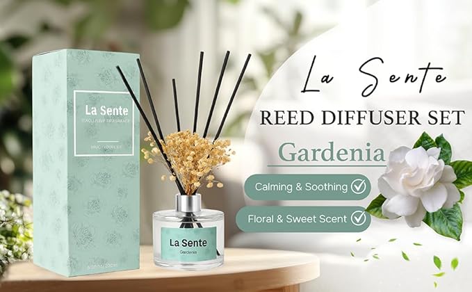 Reed Diffuser Set, Glass Bottle with Black Rattan Sticks, Dried White Flowers, 6.7fl oz, 200ml (Gardenia)