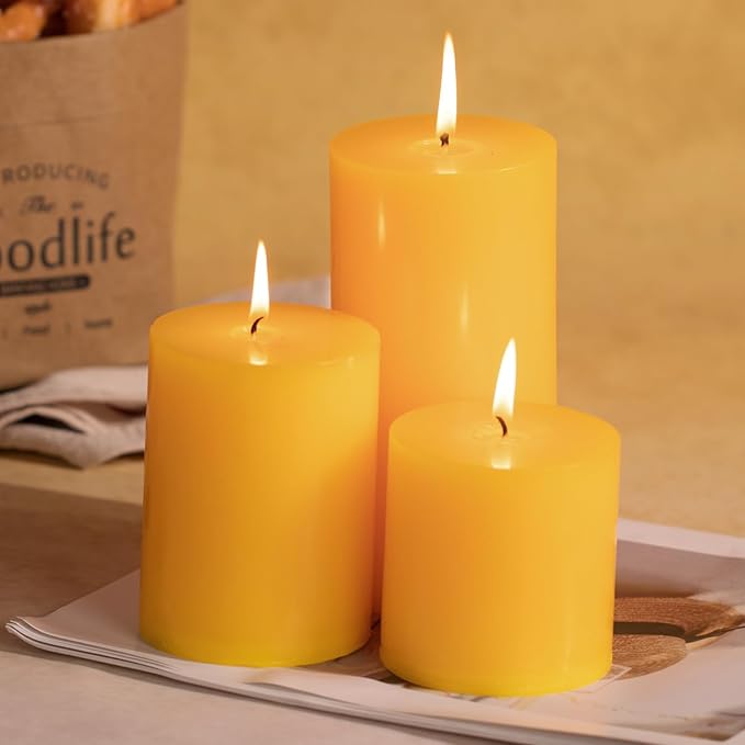 KONNI Yellow Pillar Candles Set of 3, 3"x 3" Unscented Pillar Candles Bulk, 30 Hours Long Burning Candles, Smokeless&Dripless Large Round Candle for Wedding, Home Decoration, Parties, Spas, Dinner