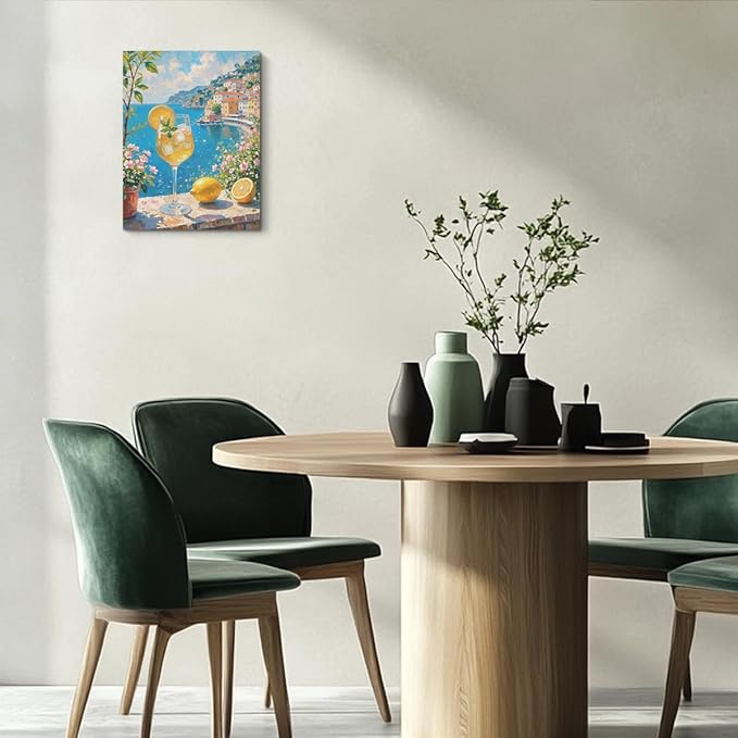 Italy City Wall Art, Coastal Landscape Watercolor Painting Italy Lemon Canvas Framed Prints Modern Decorations, Summer Aesthetic Flowers Poster for Living Room Entryway Farmhouse Bedroom Dining room
