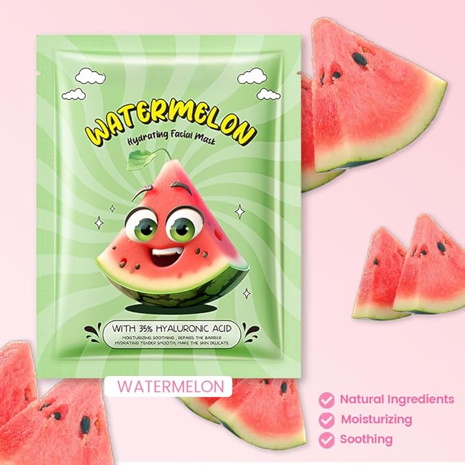 Kaely 12 Pack Watermelon Face Masks for Kids, Kids Face Mask Spa Day Kit Supplies, Spa Party Favors for Teens Girls Women, Sheet Facial Mask Skincare Gifts Set, Moisturize for All Skin Types, 07