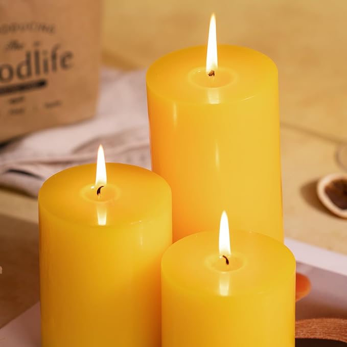 KONNI Yellow Pillar Candles Set of 3, 3"x 6" Unscented Pillar Candles Bulk, 56 Hours Long Burning Candles, Smokeless&Dripless Large Round Candle for Wedding, Home Decoration, Parties, Spas, Dinner