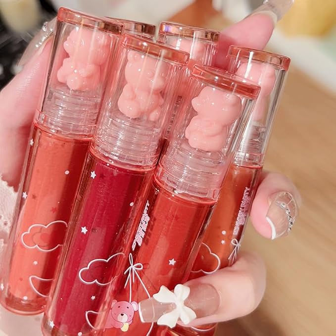 4Pcs Bear Lip Glaze Jelly Lipgloss,Liquid Lipstick Cute Bear Lipgloss Moisturizing Lip Stain Plumping Water Lip Gloss,Waterproof Juicy Lasting Tint Lip Gloss Set,Vivid Color,Glossy Finish