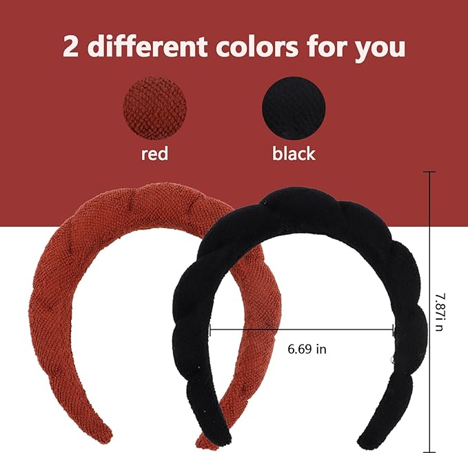 AMCAMI 2 PCS Puffy Spa Headband for Women Sponge Headbands for Girls Terry Towel Cloth Fabric Head Band for Face Washing, Skincare, Makeup Removal, Facial Mask, Shower, Hair Accessories