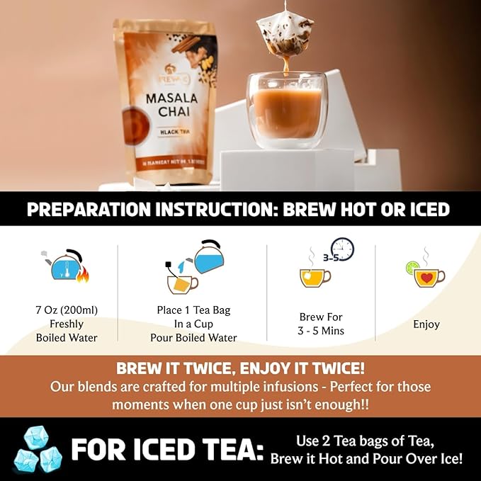 BREWIX, Masala Chai Tea Bags (25 Pyramid Tea Bags) Strong, Robust & Spicy - Pure Ingredients | Black Tea, Cinnamon, Ginger, Black Pepper, Cardamom & Cloves, Packed in Resealable Ziplock Pouch