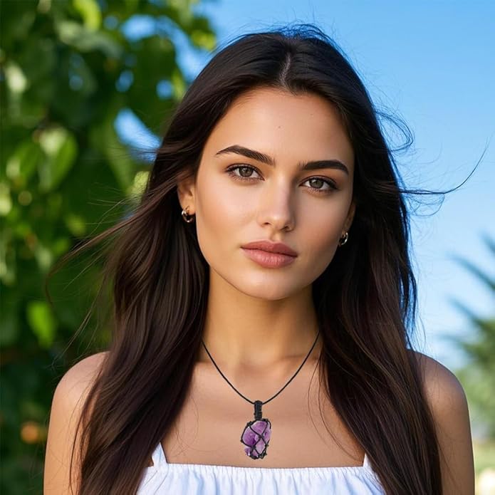 Handmade Natural Gemstone Crystal Pendant Necklace Stone Holder Necklace Cord Net Necklace with Adjustable Length for Women Men