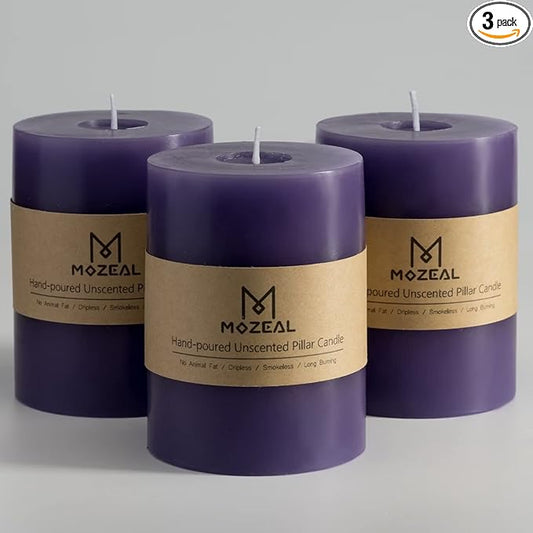 MOZEAL 3" x 4" Hand-Poured Unscented Candle,Dripless Pillar Candle Set of 3,Long Clean Burning,Approx 72 Hours Burn Time,Rustic Country Style,Wedding,Dinner,Christmas and Home Decor,Purple