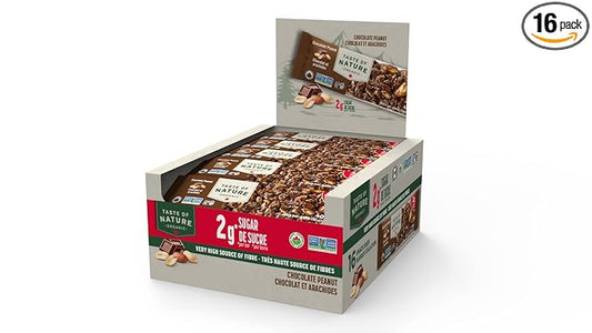 Taste of Nature - Organic 2g Sugar Chocolate Peanut - Low Sugar Snack and Breakfast Bar, High Fiber Energy Bar - 16 Count Snack Pack