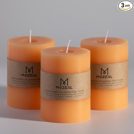 MOZEAL 3" x 4" Hand-Poured Unscented Candle, Dripless Pillar Candle Set of 3, Long Clean Burning, Approx 72 Hours Burn Time, Rustic Country Style, Wedding, Summer Peach, Home Decor, Peach Fuzz