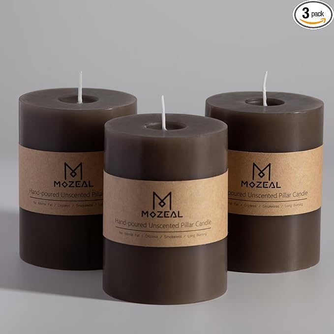 MOZEAL 3" x 4" Hand-Poured Unscented Candle, Dripless Pillar Candle Set of 3, Long Clean Burning, Approx 72 Hours Burn Time, Rustic Country Style, Wedding, Winter Elegance, Home Decor, Taupe Gray