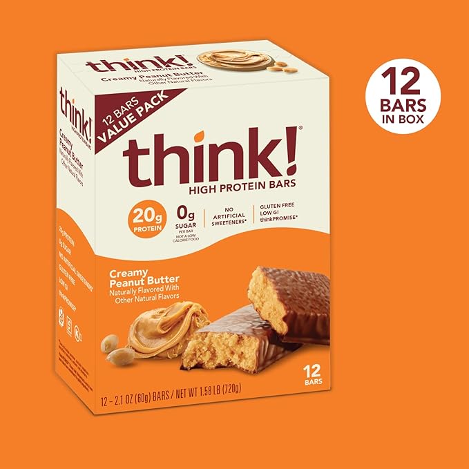Think! Protein Bars, High Protein Snacks, Gluten Free, Sugar Free Energy Bar with Whey Protein Isolate, Creamy Peanut Butter, Nutrition Bars without Artificial Sweeteners, 1 Box (Pack of 2)