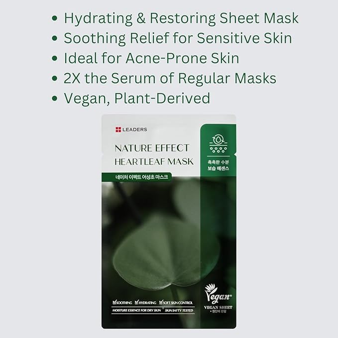 LEADERS Nature Effect Heartleaf Mask - Hydrating & Restoring Face Mask for Dry, Acne-Prone, Sensitive Skin | Soothing, Balancing, & Soft Skin Control Serum Content, Vegan Certified - 10 Sheets