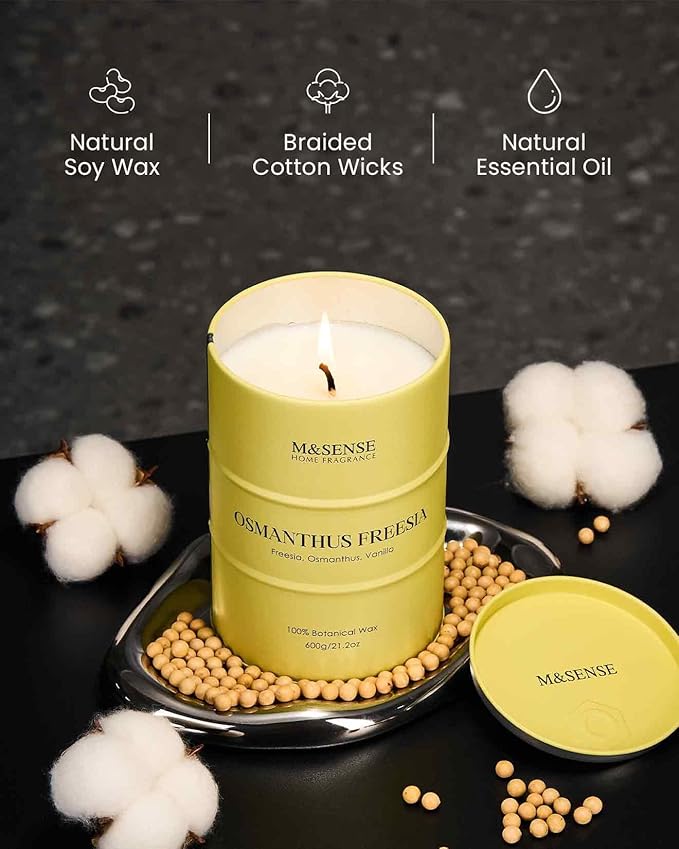 M&SENSE Osmanthus Freesia Scented Candles Large, Natural Soy Candles 21.2oz 120 Hour Slow Burning,Aromatherapy Candle for Stress Relief Meditation Relaxing