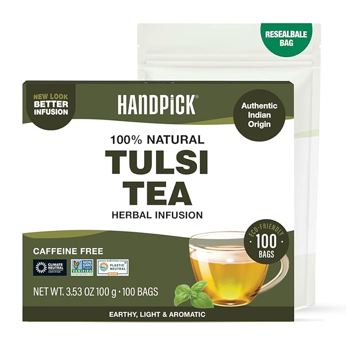 HANDPICK Original Tulsi Tea (100 count) Holy Basil Calming and Stress Relief Tea, Immune Support | Non-GMO, Caffeine-Free Herbal Tea | Ecofriendly Round Tea Bags