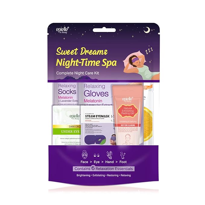 Epielle Sweet Dream Night-Time Spa Kit, 6 Relaxation Essentials, Exfoliating, Restoring, Moisturizing & Hydrating for Radiant Skin, At-Home Spa Kit, Self Care Gifts for Women, Korean Skin Care Set
