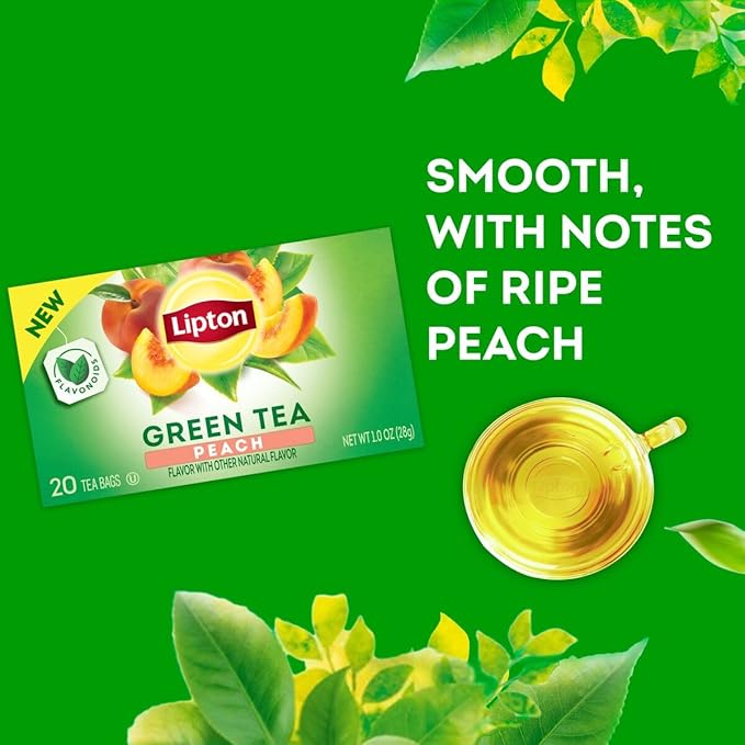 Lipton Peach Green Tea Bags, Flavored, Unsweetened Teabags for Hot Tea or Peach Iced Tea with Caffeine and Flavonoids, 20 Total Tea Bags (Pack of 3)