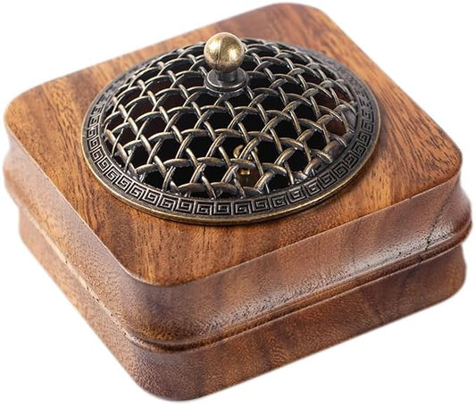 Bamboo Node Walnut Wood Incense Burner Holder - 4" Handcrafted Square Censer with Alloy Lid for Sticks/Cones/Yoga & Meditation (Natural Wood, Zen Home Décor)